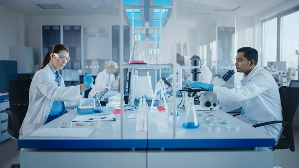 Modern Medical Research Laboratory: Diverse Team of Scientists Working with Pipette, Analysing Biochemical Samples, Talking (dalam bahasa Inggris). Lab Ilmiah untuk Kedokteran, Pengembangan Mikrobiologi. Peralatan Lanjutan — Stok Foto