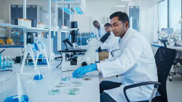 Modern Medical Research Laboratory: Diverse Team of Scientists Working using Microscope, Analysing Biochemical Samples (dalam bahasa Inggris). Lab Ilmiah untuk Kedokteran, Pengembangan Mikrobiologi. Peralatan Lanjutan — Stok Foto