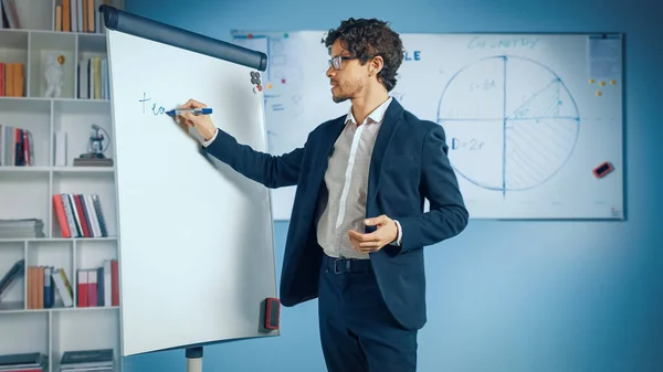 Business Coach for Firmaets ledelse forklarer hvordan man trener laget sitt effektivt, ved å skrive på Whiteboard. Online Courses, Remote Work, Video Conference, e-Education, e-Business, Webinar royaltyfrie gratis stockbilder