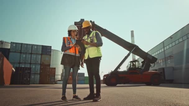 Konteyner Terminalinde Tableti olan Endüstriyel Mühendisler — Stok video