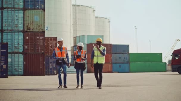 Промышленные инженеры идут в контейнерном терминале — стоковое видео