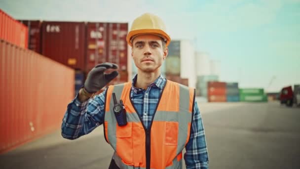 Retrato Ingeniero Industrial en Terminal de Contenedores — Vídeo de stock