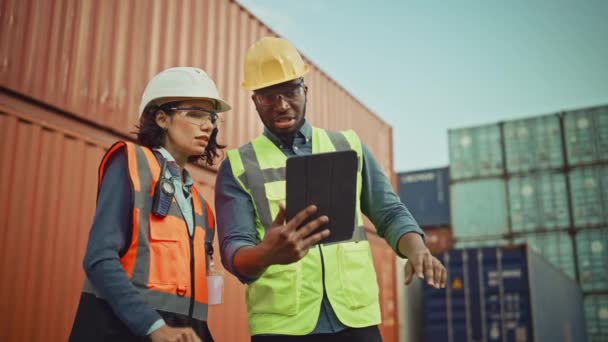 Inżynierowie przemysłowi z tabletem w terminalu kontenerowym — Wideo stockowe