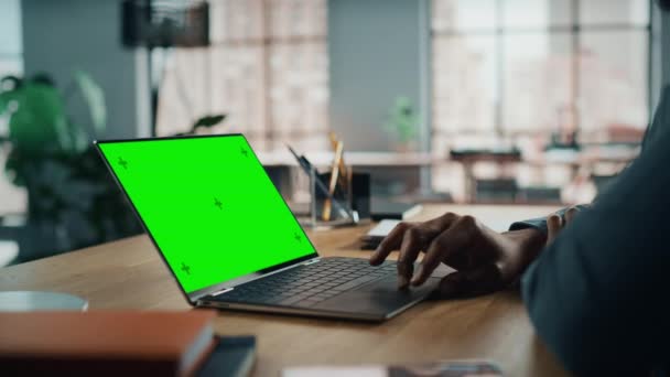 Maschio che lavora sul computer portatile con schermo verde in salotto — Video Stock