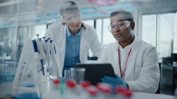 研究室での2人の科学者の話と仕事 — ストック動画