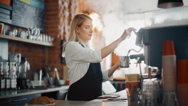 Femme Barista Préparation du café dans Café — Video