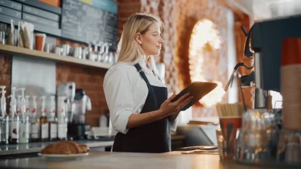 Propietario de la cafetería Comprobación de inventario en la tableta — Vídeos de Stock