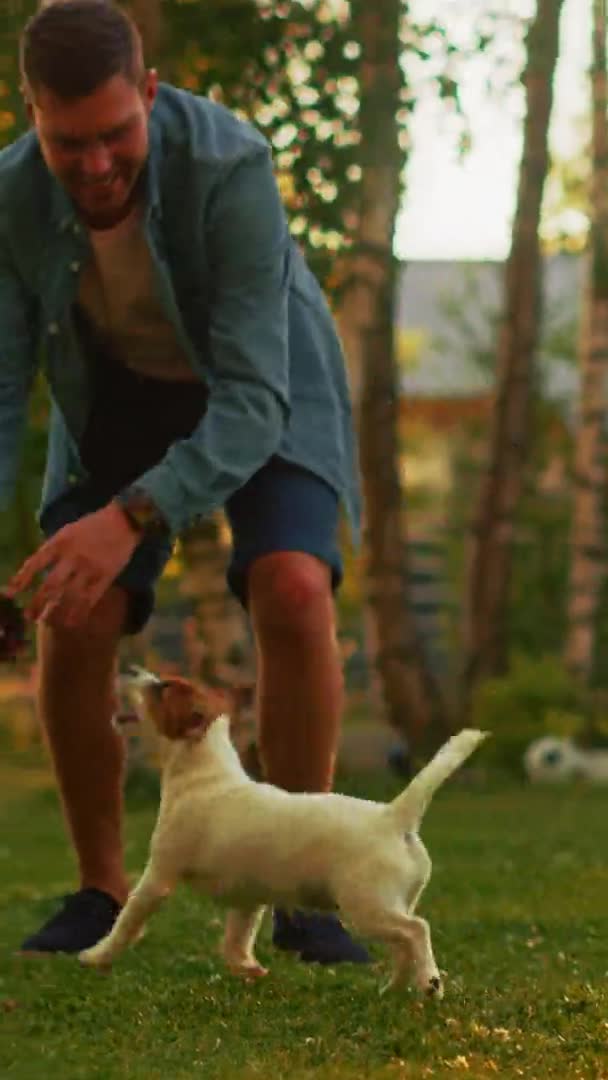 Вертикальное видео в парке: мужчина играет с собакой — стоковое видео