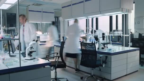 Equipo Diverso de Timelapse Científicos trabajan en laboratorio — Vídeo de stock