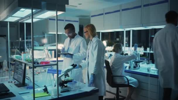 Los científicos del equipo tienen una conversación en el laboratorio — Vídeo de stock