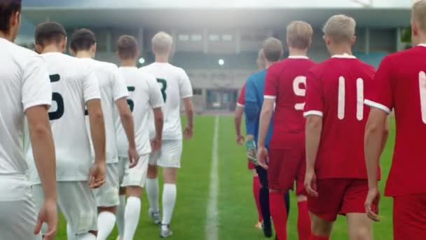 Zwei Fußballmannschaften betreten das Stadion — Stockvideo