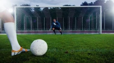 On Soccer Stadium Goalkeeper Fails to Catch Ball While Standing in Football Goals