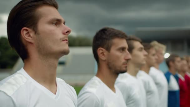 Team of Soccer Players Standing on Football Stadium — стоковое видео