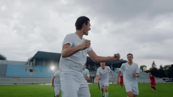 On Soccer Stadium Winning Team Celebrates Goal — Αρχείο Βίντεο