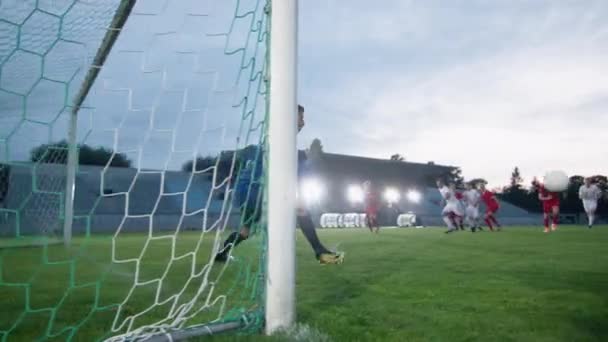 Boční pohled brankář stojící v cíli se snaží chytit míč kopl útočící tým a uspět — Stock video