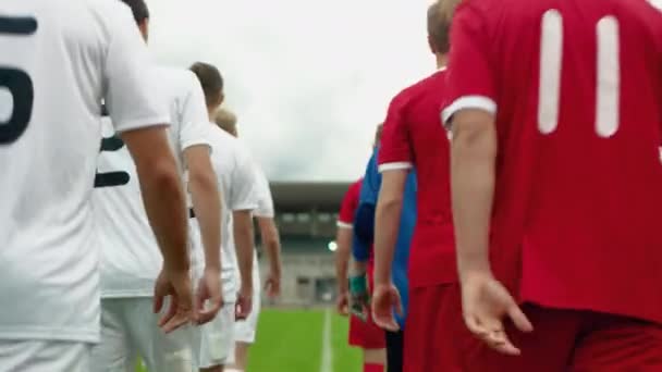 Duas equipes de futebol caminham no campo de futebol — Vídeo de Stock