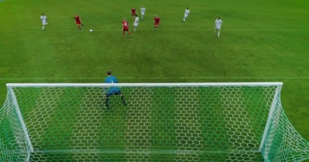 Aerial Shot From Behind the Goals After Successful Pass Jugador anota gol con patada en la cabeza — Vídeos de Stock