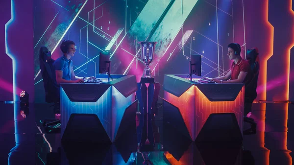 Two Professional Esport Gamers Competition in a Video Game on a Championship Arena, Both Playing Computer Games. Global Online Streaming Cyber Games Tournament — Stock fotografie