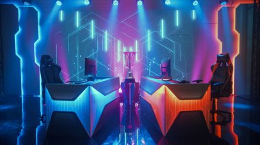 İki Kişi Boş Bilgisayar Oyunları eSports Championship Arena ve Kazanan Kupa Sahnede Duruyor. Stil Çevrimiçi Canlı Yayın Turnuvası Büyük Ekranlar Gösterme Grafikleri ve Neon Sahnesi