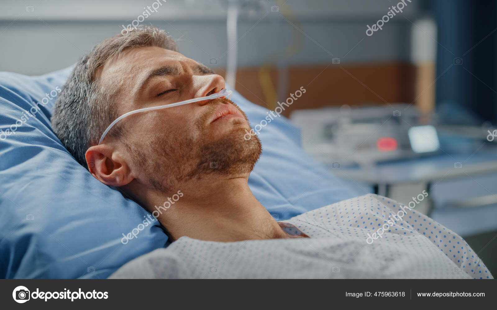 Hospital Ward Portrait of Handsome Young Man Wearing Nasal Cannula