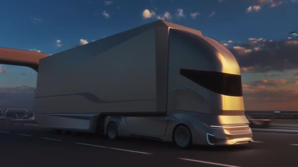 도로 위를 달리는 미래 지향적 인 트럭 운전 — 비디오