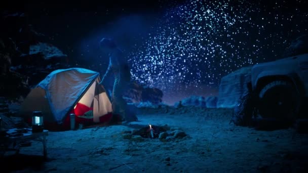 Night Camping Woman in Tent — Video Stock