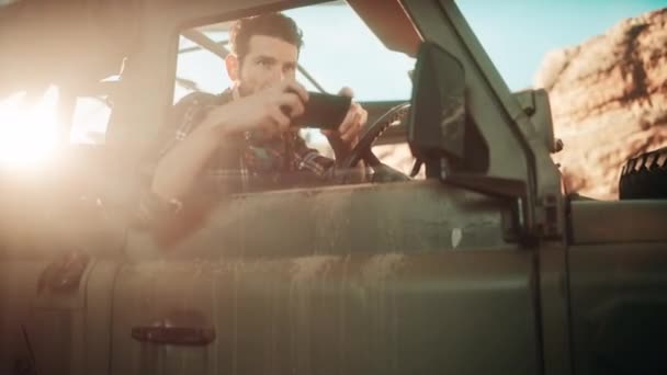 Man Traveling in Car Does Smartphone photo — Vídeos de Stock
