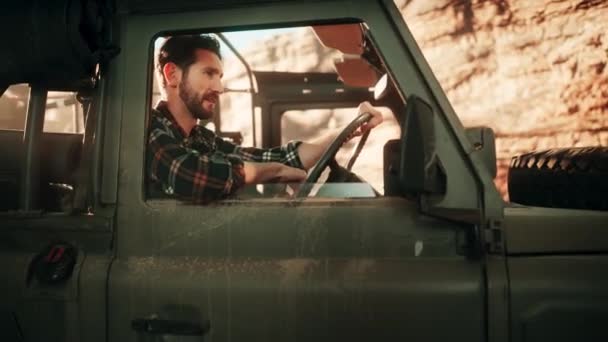 Explorer Man in Car Portrait — Wideo stockowe