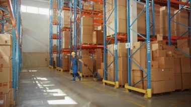 Büyük Depo İşçisi Karton Kutuları Taşımak için Elle Forklift Kullanıyor