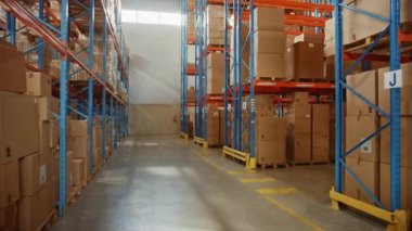 Shelfs ve Karton Kutuları olan Büyük Depo Ticari Mallar