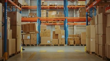 Dış iskelet takım elbiseli gelecekçi Modern Depo İşçisi Paleti karton kutularla taşıyor