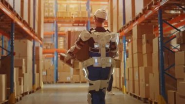 Dış iskelet takım elbiseli gelecekçi Modern Depo İşçisi Paleti karton kutularla taşıyor
