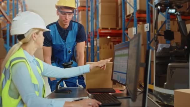 Big Warehouse Twee werknemers praten gebruik van personal computer met spreadsheets — Stockvideo