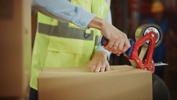 In Big Warehouse Worker Sealses Cardboard Box with Sealing Tape Dispenser — Stock video