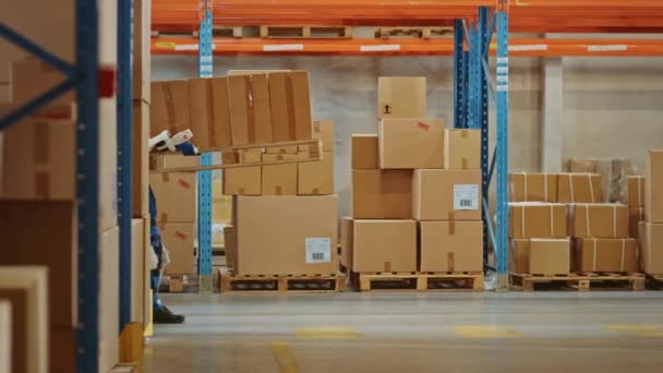 Futuristisch modern magazijn arbeider met Exoskeleton pak verplaatst pallet met kartonnen dozen — Stockvideo