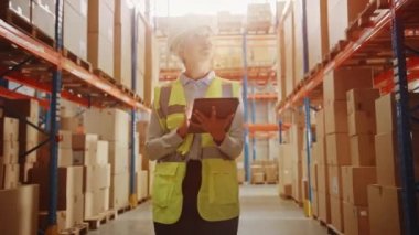 Büyük Depo Kadın İşçisi Dijital Tablet Bilgisayarı Kullanıyor