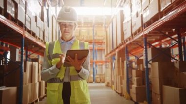 Büyük Depo Kadın İşçisi Dijital Tablet Bilgisayarı Kullanıyor