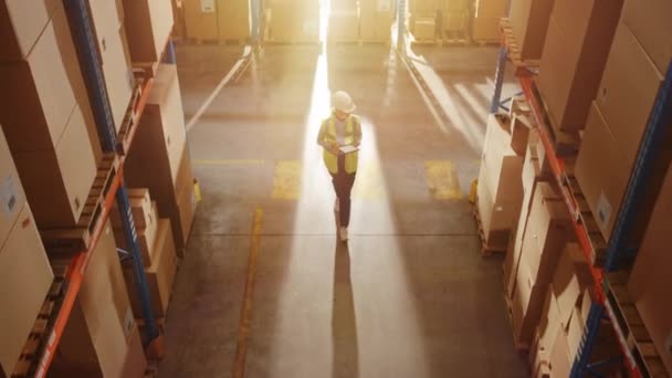 Förhöjt skott i Big Warehouse med kvinnliga arbetare promenader — Stockvideo