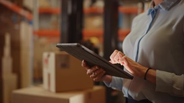 Big Warehouse Female Worker uses Digital Tablet Computer Closeup — Stock video