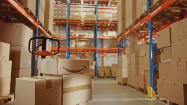 EDITORIAL Amazon Logo Box steht auf Palette in Wareh — Stockvideo
