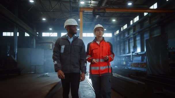 Çelik Fabrikası Endüstriyel Mühendis ve İşçi Konuşması — Stok video