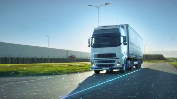 VFX Digitalizacja Autonomiczny Semi Truck Przeprowadzka na drodze — Wideo stockowe