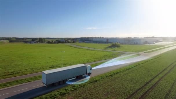 VFX Aerial Shot Digitalized Autonomous Semi Truck Moving on Road — Stock Video