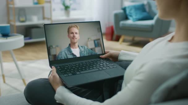 Girlfriend Chats with Boyfriend Using Laptop Video Conference Call — Stock Video