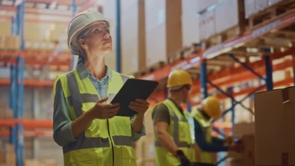 Big Warehouse Female Worker uses Digital Tablet — Stock Video