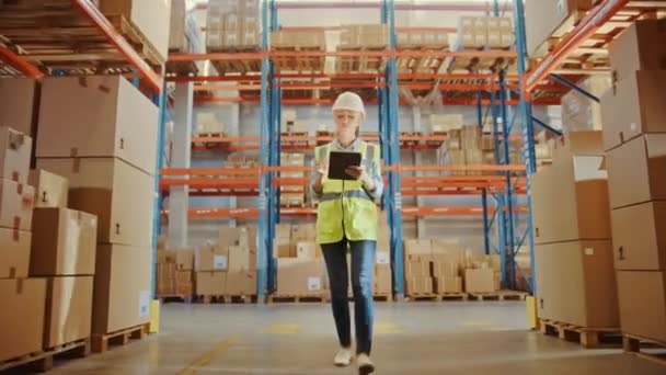 Big Warehouse Female Worker utilizza la tavoletta digitale — Video Stock