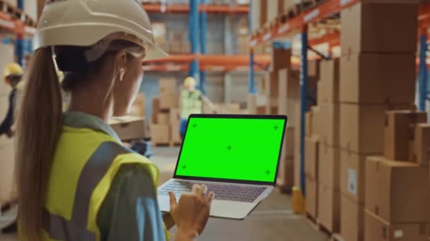 Mujer de almacén grande sostiene la pantalla verde del ordenador portátil — Vídeos de Stock