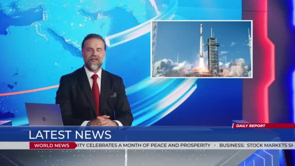 Nieuws Studio Newscaster Presentator Praten over Rocket Launch — Stockvideo