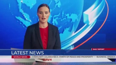 Haber stüdyosunda kadın haber spikeri konuşuyor.