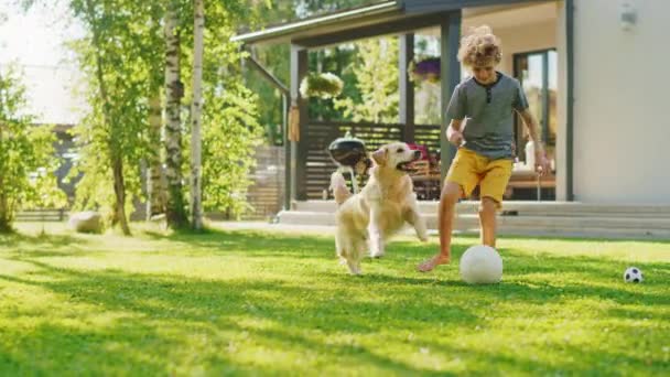 Jongen speelt met bal en Golden Retriever hond in de achtertuin — Stockvideo